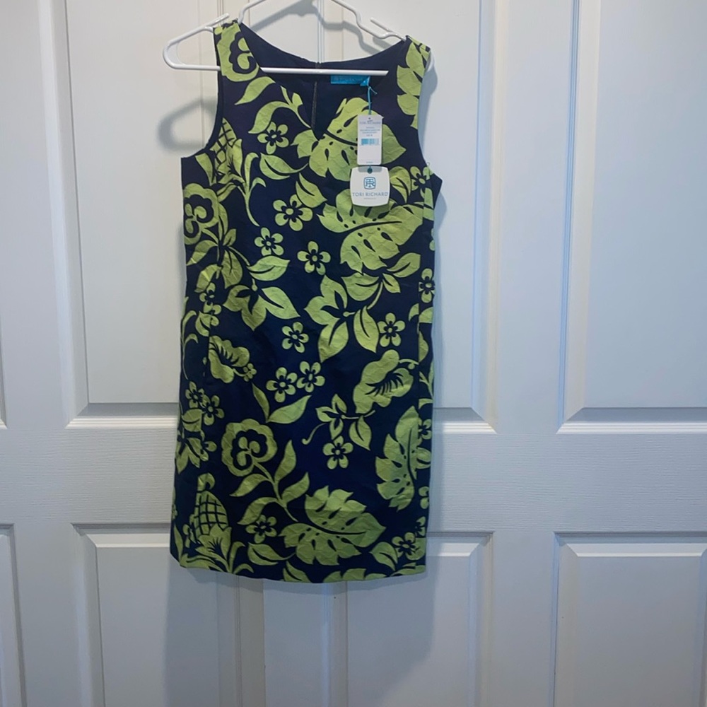 NWT Tori Richard Navy and Lime Floral Mini Dress with pockets